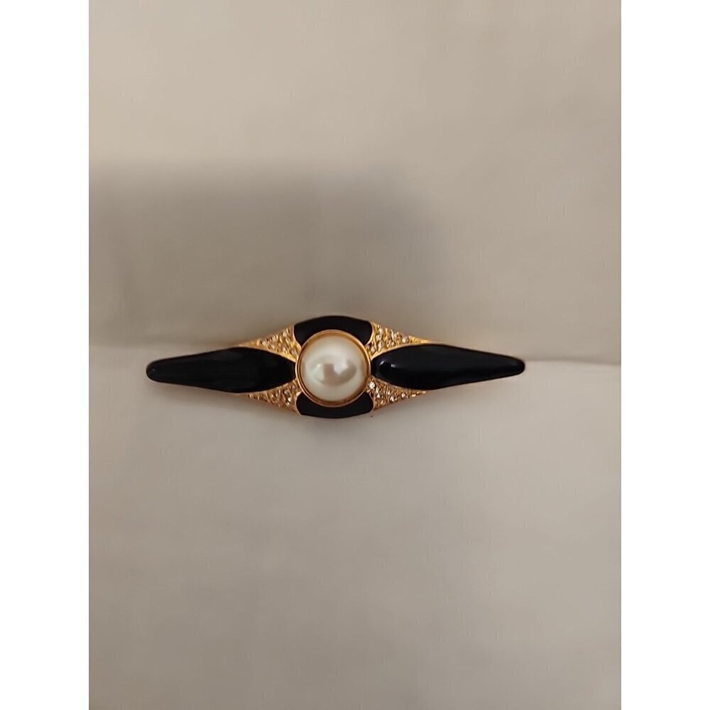 Vintage Marvella Black Enamel Rhinestone Goldtone Bar Pin Brooch 1990s